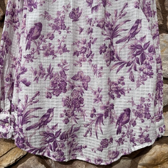 Sundance Bird Floral Button Down Top Gauze Purple White Size Large Long Sleeve - Picture 9 of 9